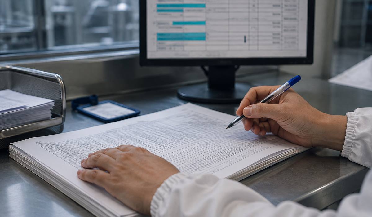 A quality assurance reviewer's hands over a printed batch manufacturing record, pen poised, with the AI-drafted version highlighted on the monitor behind.